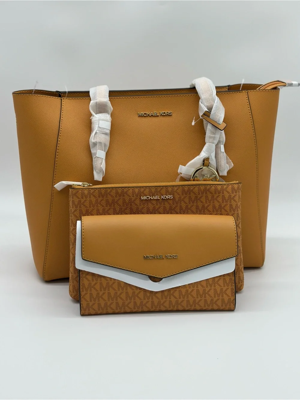 Michael Kors Mustard Tan Saffiano Leather Tote with Matching Wallet Trio